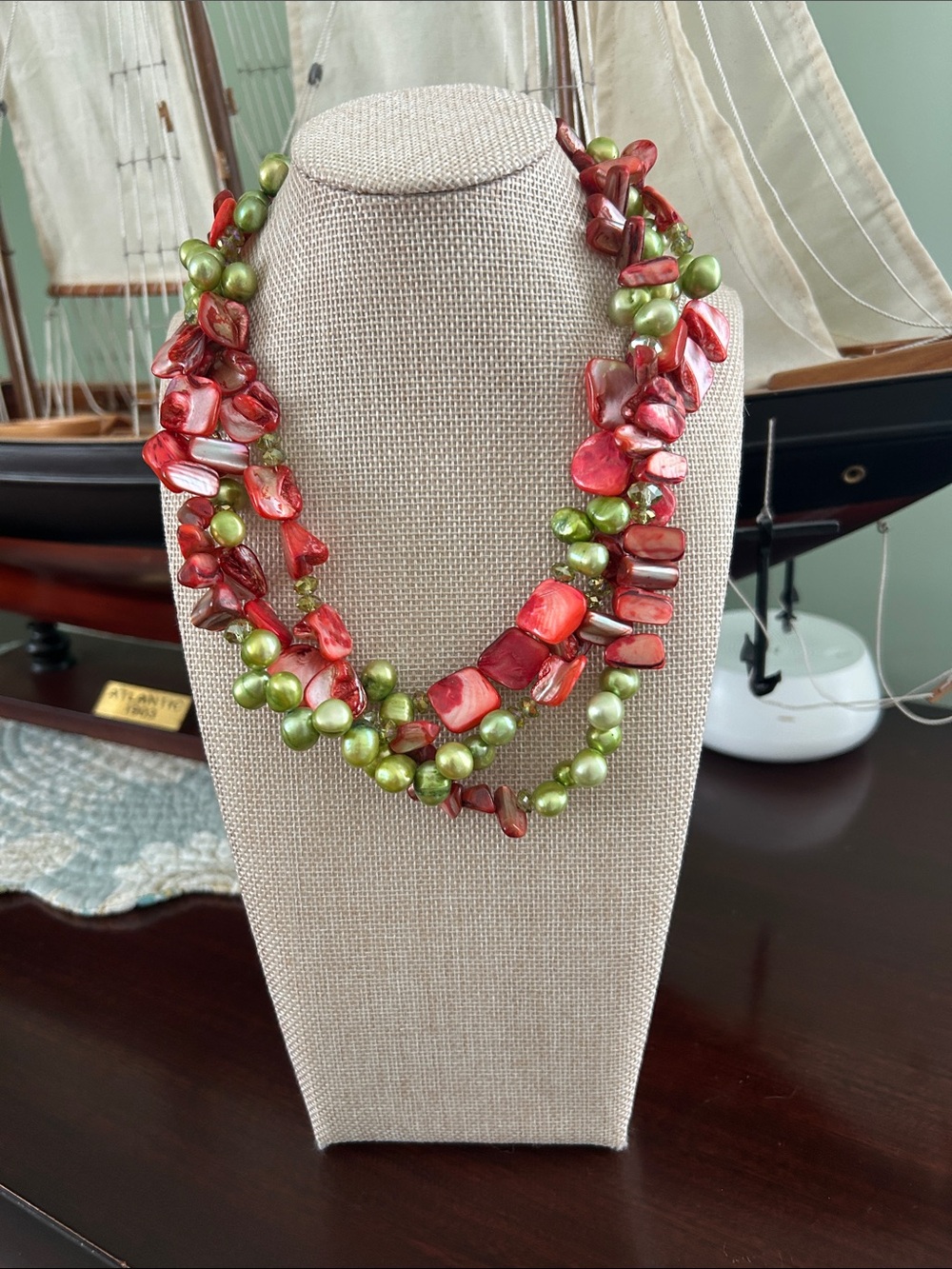 Multi-Strand Red Shell & Green Pearl Necklace